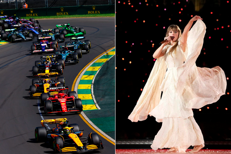 Colagem grid da Fórmula 1 e Taylor Swift