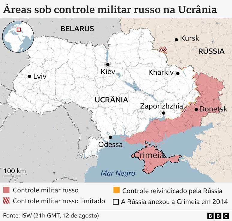 Mapa mostrando as &aacute;reas da Ucr&acirc;nia est&atilde;o sob controle militar russo ou controle russo limitado