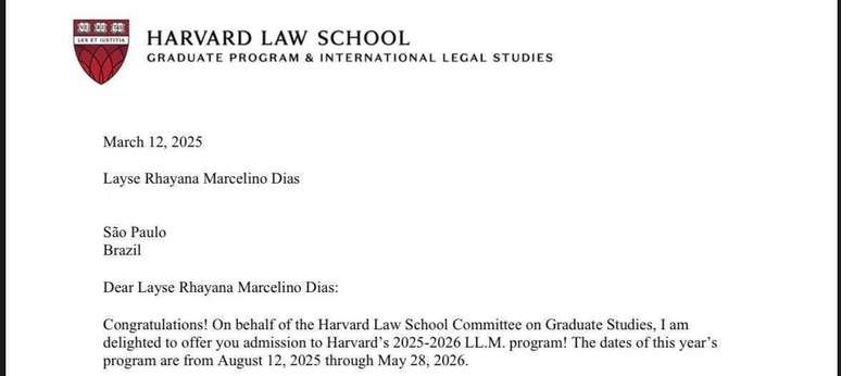 Layse viajou para os Estados Unidos no in&iacute;cio deste m&ecirc;s e j&aacute; come&ccedil;ou as aulas em Harvard
