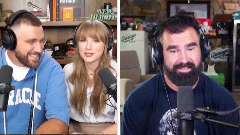 Taylor Swift durante participa&ccedil;&atilde;o no podcast New Heights com Travis Kelce e Jason Kelce