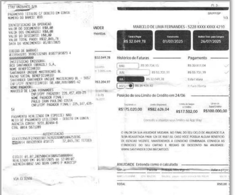 Boleto e comprovante de pagamento de cartão de crédito do prefeito apreendido no 'bunker'