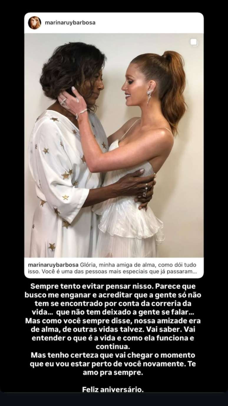 Homenagem de Marina Ruy Barbosa a Glória Maria.