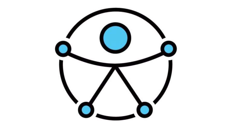 Uma figura simétrica conectada por quatro pontos a um círculo, representando a harmonia entre o ser humano e a sociedade, e com os braços abertos, simbolizando a inclusão de pessoas com todas as habilidades, em todos os lugares.