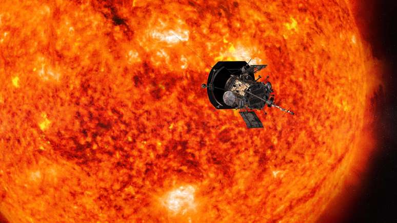 Representa&ccedil;&atilde;o art&iacute;stica da sonda espacial Parker Solar Probe se aproximando do sol