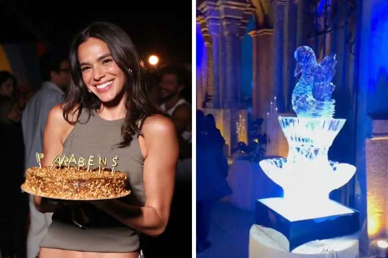 Brunette Marquezine capriciously in the decoration of the party, with ice sculpture