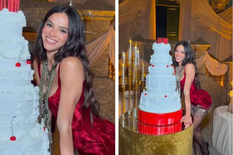 Bruna Marquezine laid next to a giant cake with a bold look