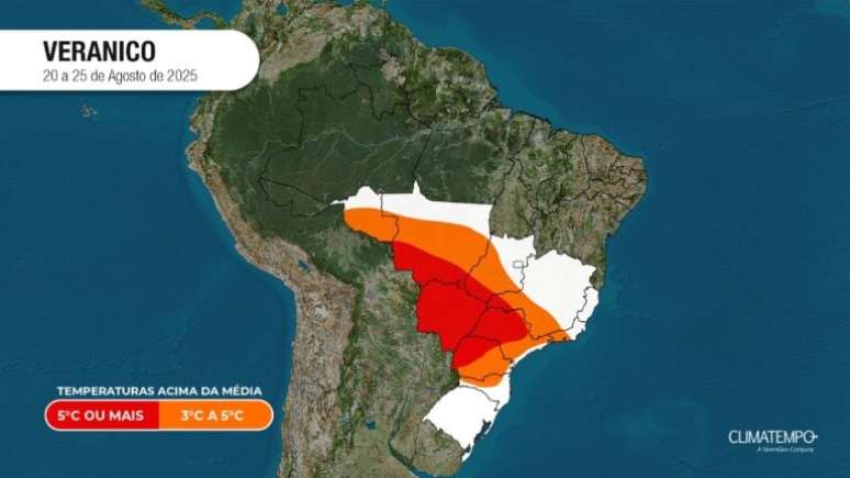As áreas em vermelho são onde o veranico será mais intenso, com temperaturas pelo menos 5ºC acima da média
