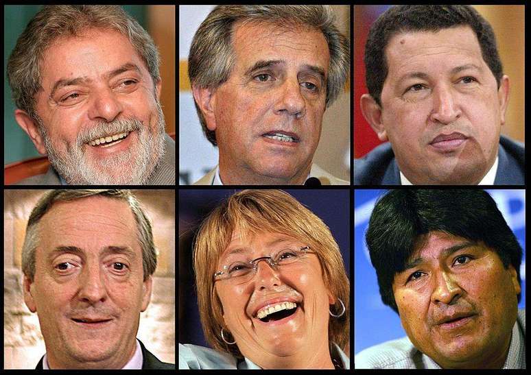 Chegada de Evo ao poder em 2006 sacramentou a guinada &agrave; esquerda da Am&eacute;rica do Sul no in&iacute;cio dos anos 2000. Na foto, da esquerda para direita: Lula, presidente do Brasil; Tabar&eacute; V&aacute;zquez, do Uruguai; Hugo Ch&aacute;vez, da Venezuela; N&eacute;stor Kirchner, da Argentina; Michelle Bachelet, do Chile; e Evo Morales, da Bol&iacute;via.