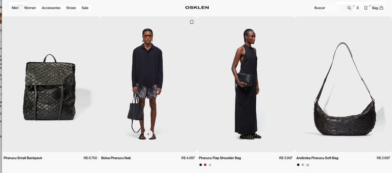 Acess&oacute;rios com couro de pirarucu que custam milhares de reais s&atilde;o anunciados no site da marca Osklen