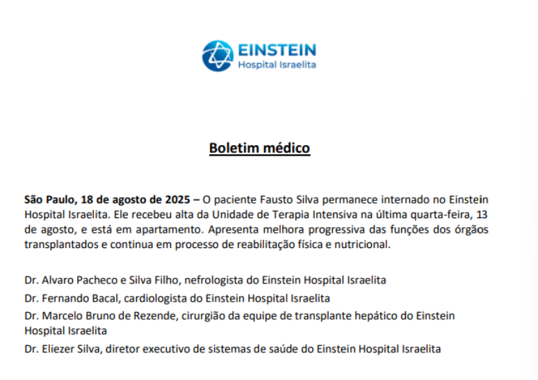 Faust&atilde;o recebe alta de UTI e vai para quarto de hospital, diz novo boletim m&eacute;dico