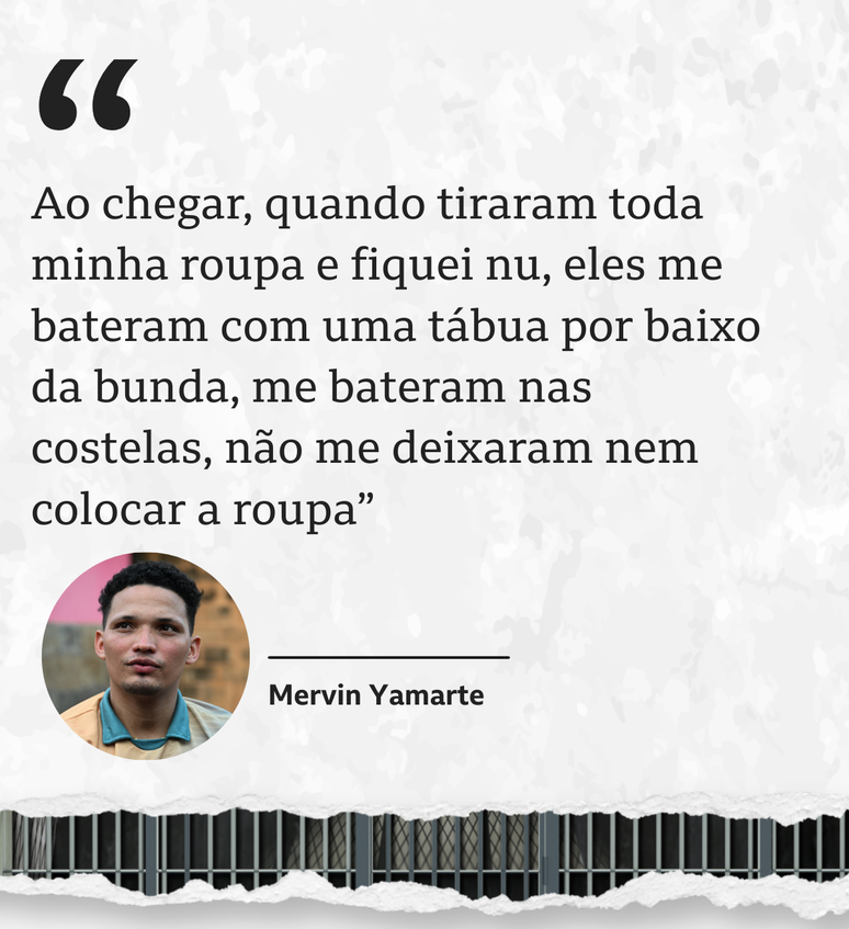 Foto de Mervin Yamarte com a seguinte aspa: 'Ao chegar, quando tiraram toda minha roupa e fiquei nu, eles me bateram com uma t&aacute;bua por baixo da bunda, me bateram nas costelas, n&atilde;o me deixaram nem colocar a roupa'