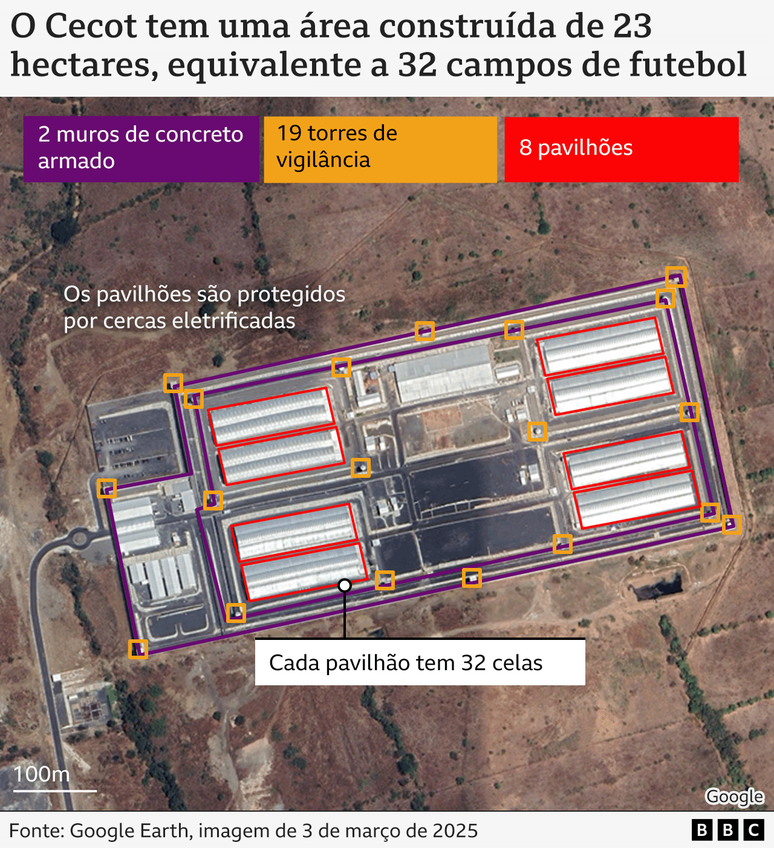 Mapa de Cecot feito a partir de uma imagem do Google Earth de 3 de mar&ccedil;o de 2025