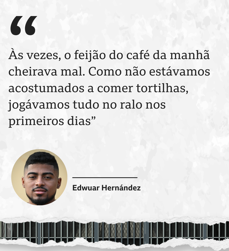 Foto de Edwuar Hern&aacute;ndez com a seguinte aspa: '&Agrave;s vezes, o feij&atilde;o do caf&eacute; da manh&atilde; cheirava mal. Como n&atilde;o est&aacute;vamos acostumados a comer tortilhas, jog&aacute;vamos tudo no ralo nos primeiros dias'