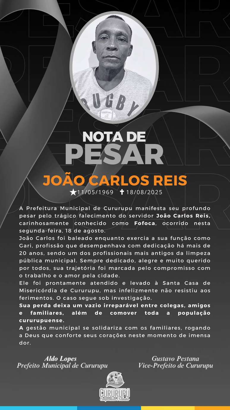Prefeitura de Cururupu divulgou uma nota de pesar pela morte do servidor