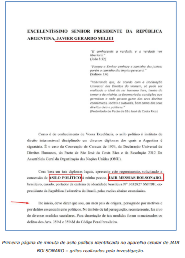 Página de documento em que Bolsonaro pede asilo na Argentina, segundo a Polícia Federal