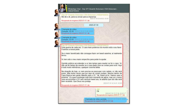 Relatório da PF mostra troca de mensagens entre Eduardo e Bolsonaro