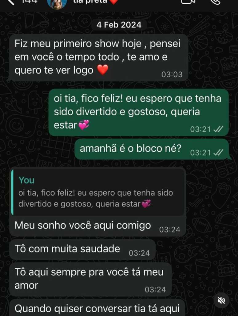 Flor Gil compartilha conversa de fevereiro de 2024 com Preta Gil.
