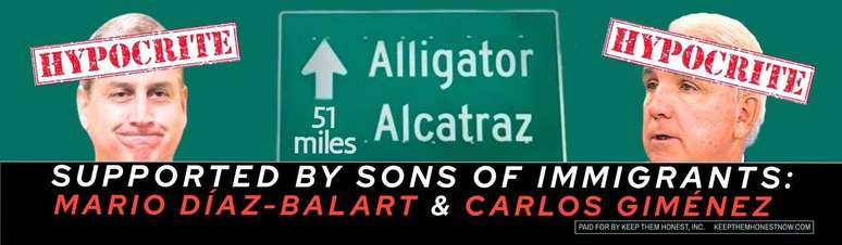 Outdoor financiado por Miguel B. Fern&aacute;ndez atribui parte da responsabilidade pelo pol&ecirc;mico centro de deten&ccedil;&atilde;o 'Alcatraz dos jacar&eacute;s' a dois congressistas cubano-americanos de Miami, 'filhos de imigrantes' que ele chama de 'hip&oacute;critas'.