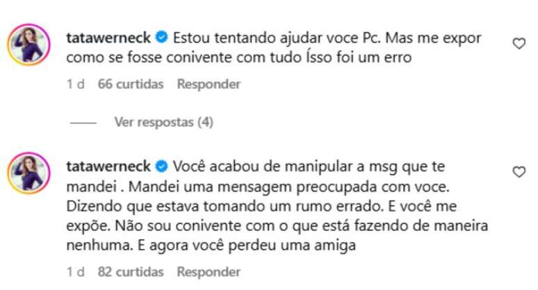 Apresentadora Tat&aacute; Werneck fica incomodada com postagem de Paulo Ferreira sobre mensagens de 'apoio'