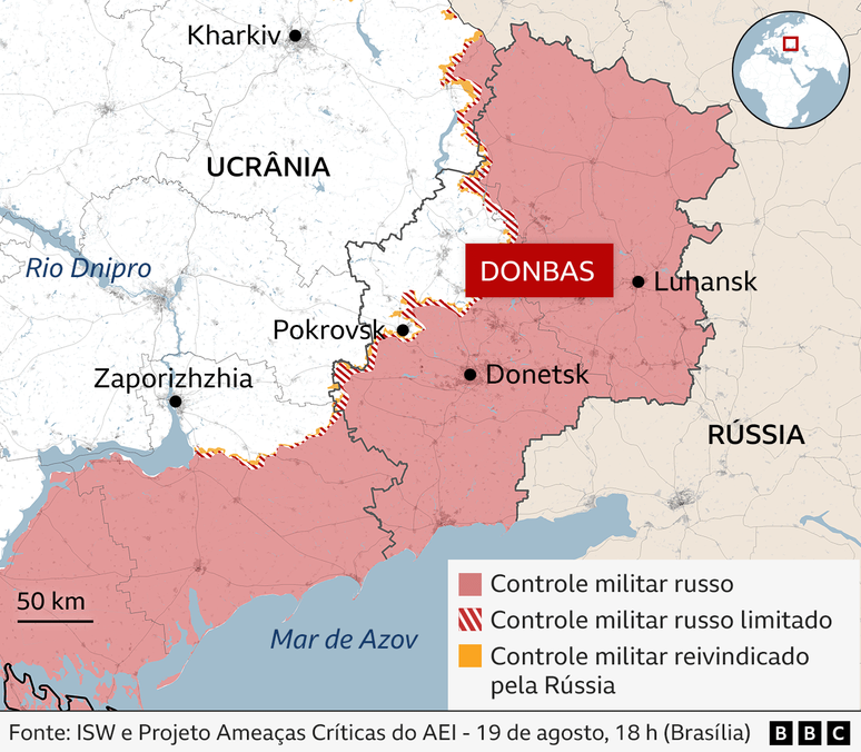 Mapa mostrando a divis&atilde;o da regi&atilde;o de Donetsk, na Ucr&acirc;nia