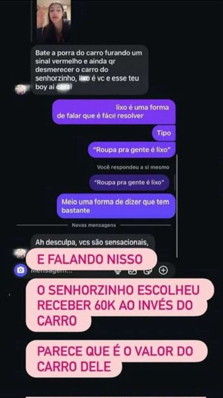 Bia Miranda se justificou ap&oacute;s ser criticada por coment&aacute;rio sobre o carro atingido