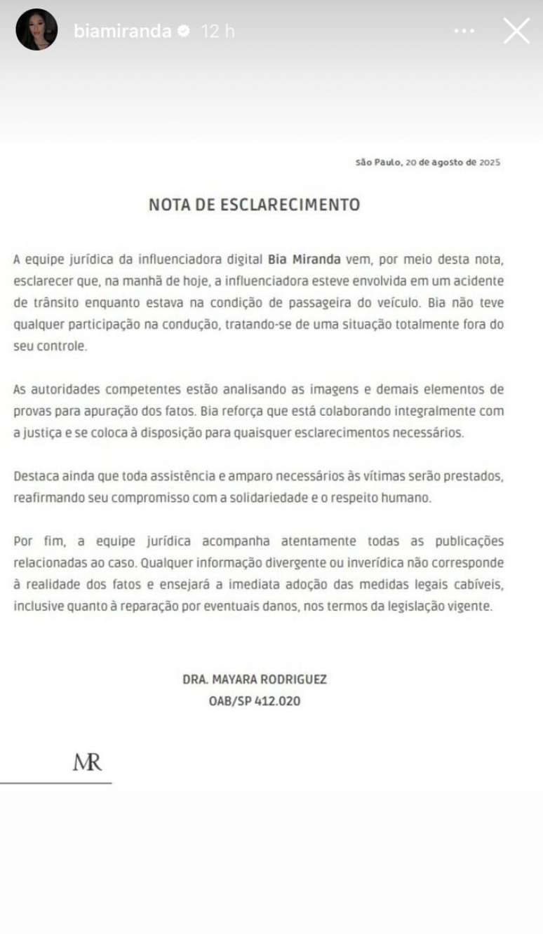 Nota divulgada por Bia Miranda no Story diz que ela vai colaborar com a Justi&ccedil;a