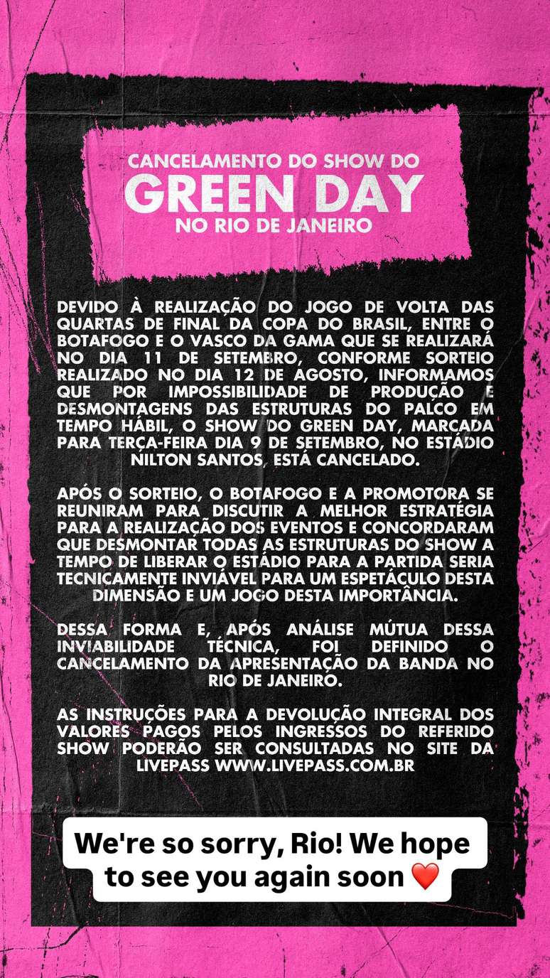 Comunicado do Green Day sobre cancelamento de show no Rio de Janeiro