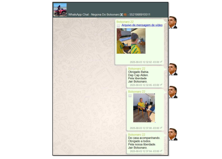 PF divulgou troca de mensagens entre Jair Bolsonaro (PL) e apoiadora conhecida como 'Negona do Bolsonaro'