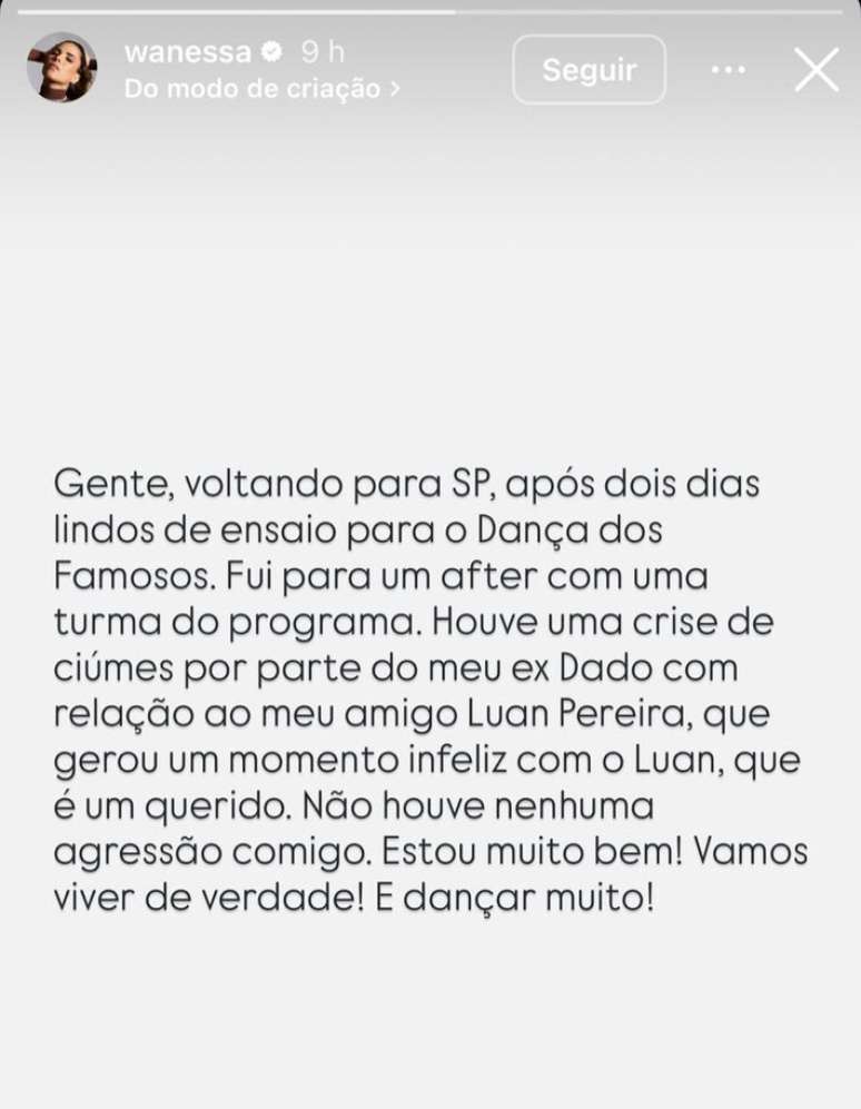 Wanessa relata 'crise de ci&uacute;mes' de Dado Dolabella, mas nega agress&atilde;o.