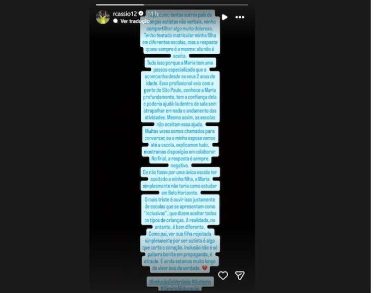 Goleiro Cássio faz desabafo sobre dificuldade para matricular a filha de sete anos em escolas de BH.
