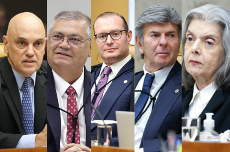 Na foto, da esquerda para a direita, estão os cinco ministros do STF que integram a Primeira Turma: Alexandre de Moraes, Flávio Dino, Cristiano Zanin, Luiz Fux e Cármen Lúcia
