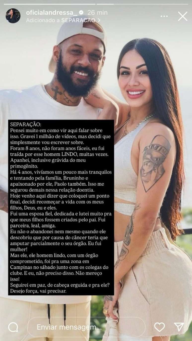 Texto de desabafo de Andressa Marinho, ex-esposa de Bruno Silva