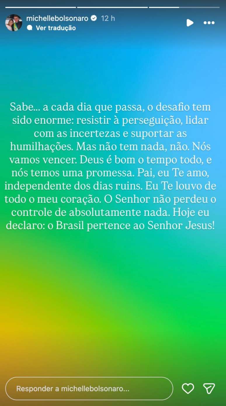 Michelle Bolsonaro fez publica&ccedil;&atilde;o no story do Instagram