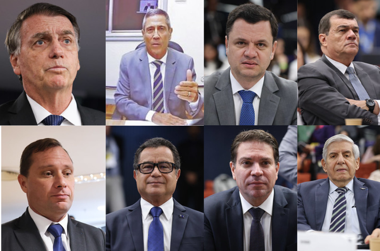Na foto, da esquerda para direita os oito réus do núcleo crucial da trama golpista: Jair Bolsonaro, Braga Netto, Anderson Torres, Paulo Sérgio Nogueira, Mauro Cid, Almir Garnier, Alexandre Ramagem e Augusto Heleno