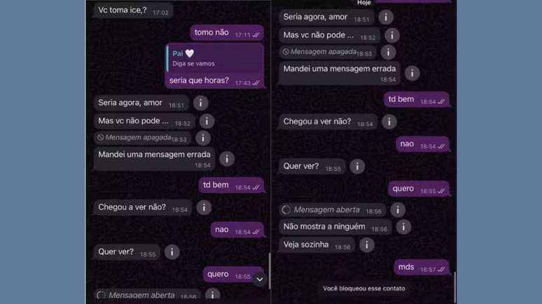 Prints mostram suposta mensagens enviadas pelo pai para filha adolescente