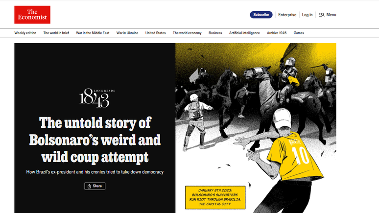 Edi&ccedil;&atilde;o da Economist desta semana tamb&eacute;m traz uma longa reportagem sobre a trajet&oacute;ria pol&iacute;tica brasileira e a investiga&ccedil;&atilde;o contra Bolsonaro e seus aliados.