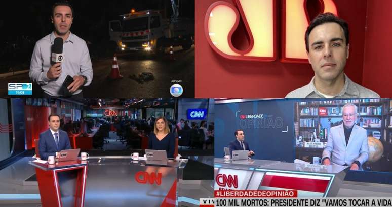 Acima, Rafael Colombo como rep&oacute;rter na Globo SP e na Jovem Pan News; abaixo, na CNN Brasil, dividindo bancada com Daniela Lima e em intera&ccedil;&atilde;o com Alexandre Garcia