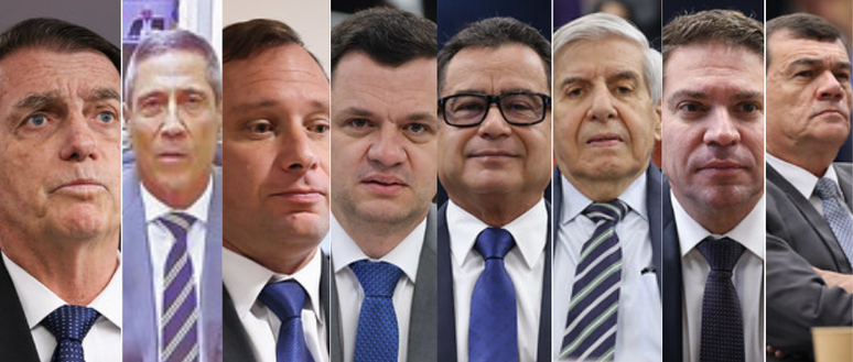 Da esquerda para direita, Jair Bolsonaro, Braga Netto, Mauro Cid, Anderson Torres, Almir Garnier, Augusto Heleno, Alexandre Ramagem e Paulo Sérgio; todos réus por trama golpista