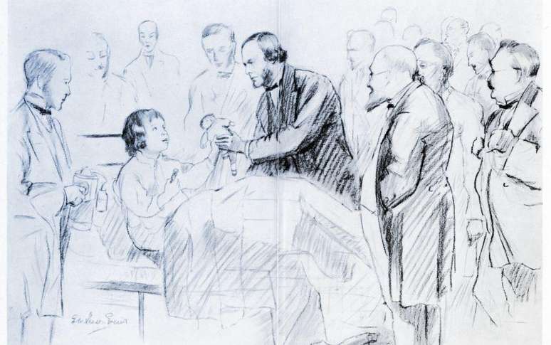 Lister durante visita aos pacientes no Hospital Real de Glasgow em1867