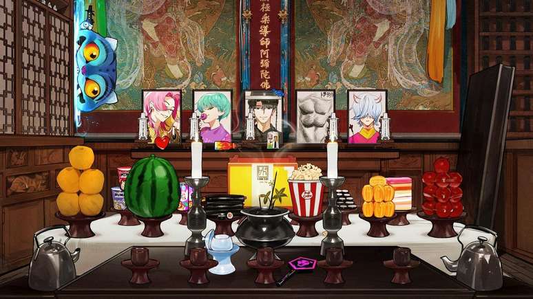 Imagem do altar virtual que foi feito, com imagens dos Saja Boys e ofertas de comida