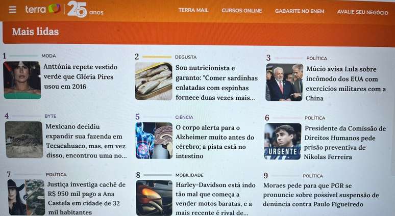 Ranking of the most read articles of the Terra Portal on the morning of September 1st Ranking of the most read articles of the Terra Portal on the morning of September 1st