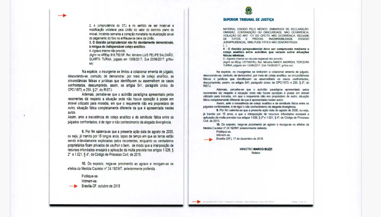 Relat&oacute;rio da PF comparou minuta encontrada com lobista (&agrave; esquerda) com decis&atilde;o oficial proferida pelo ministro do STJ (&agrave; direita) e identificou trechos coincidentes
