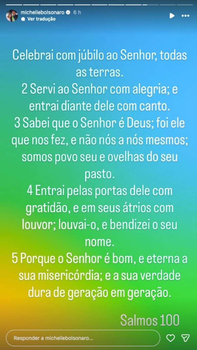 Michelle Bolsonaro compartilha passagem b&iacute;blica sobre verdade e miseric&oacute;rdia divinas