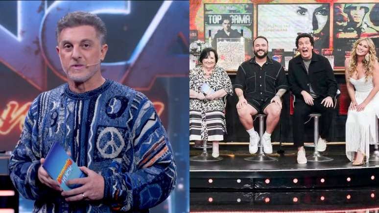 Luciano Huck, Déa Lúcia, Ed Gama, Rafael Portugal e Lívia Andrade no Domingão (Reprodução/TV Globo)