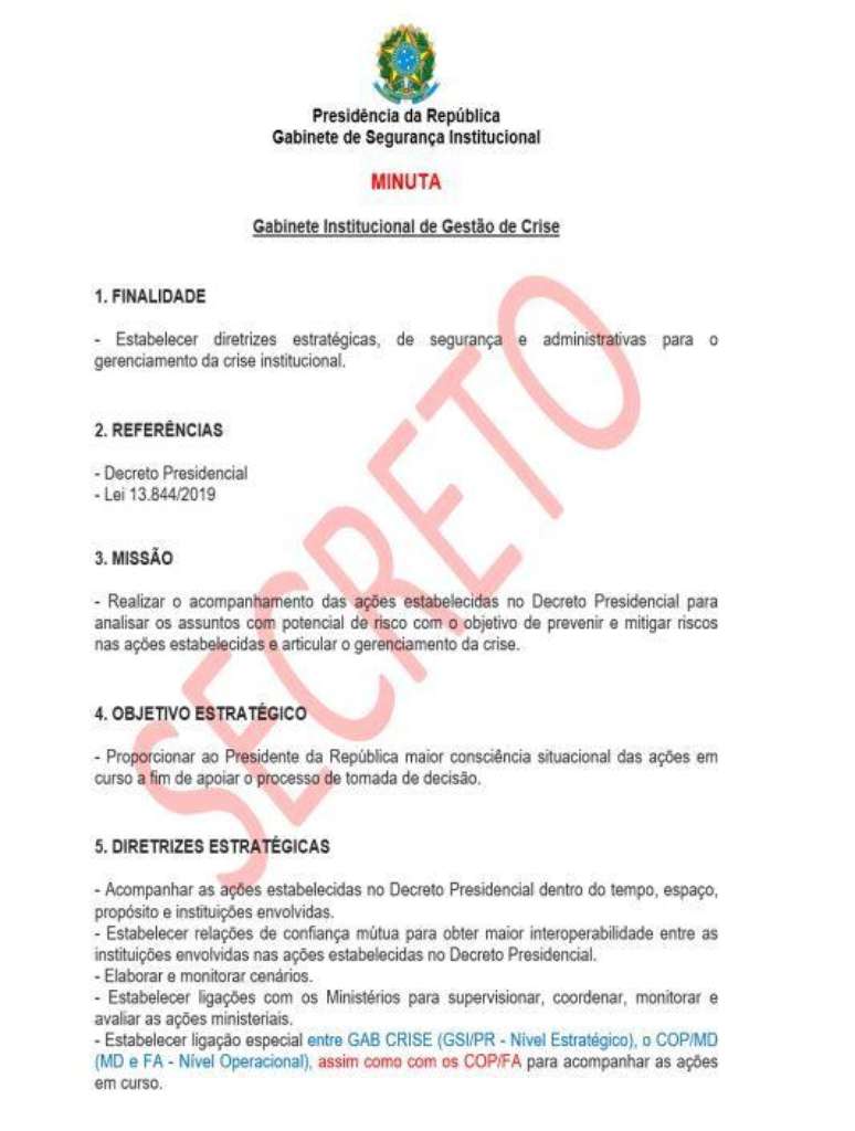 Documento encontrado nos arquivos de M&aacute;rio Fernandes previa um "Gabinete Institucional de Gest&atilde;o de Crise" comandado por Augusto Heleno