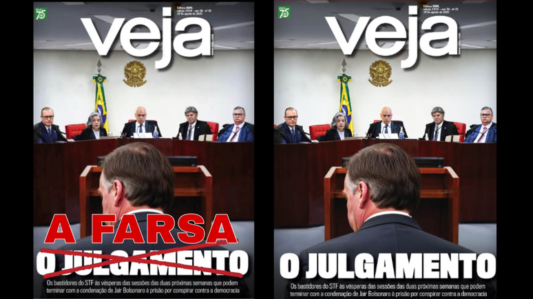 Comparação entre a imagem manipulada (à esquerda) postada e a capa da revista Veja (à direita)