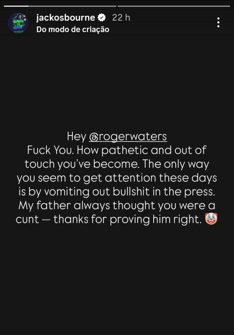 Jack Osbourne, filho de Ozzy, n&atilde;o ficou nada feliz com os coment&aacute;rios de Roger Waters sobre o seu pai