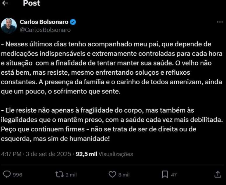 Deputado Carlos Bolsonaro atualiza quando de saúde do ex-presidente e faz critica justiça brasileira