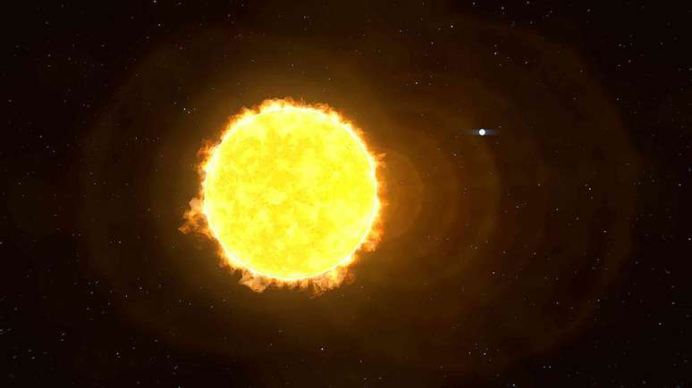 Ilustra&ccedil;&atilde;o mostrando um grande c&iacute;rculo brilhante, com um ponto branco muito pequeno pr&oacute;ximo a ele.