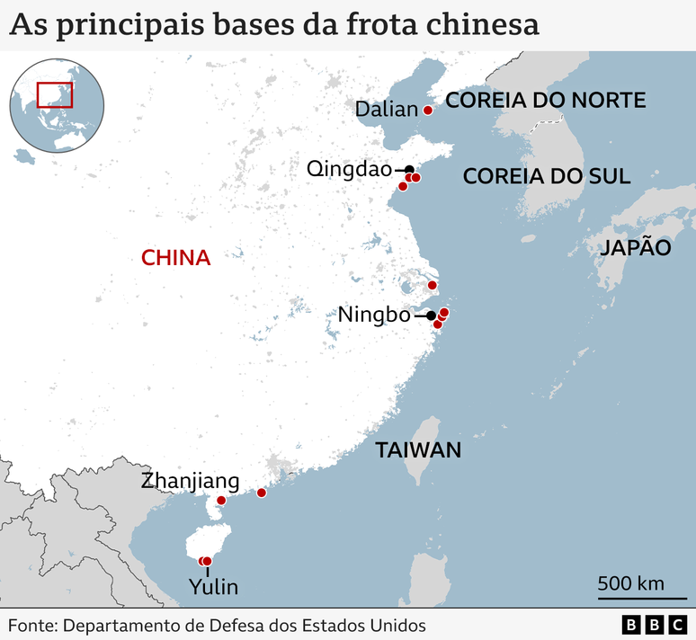 Mapa das principais bases da frota chinesa